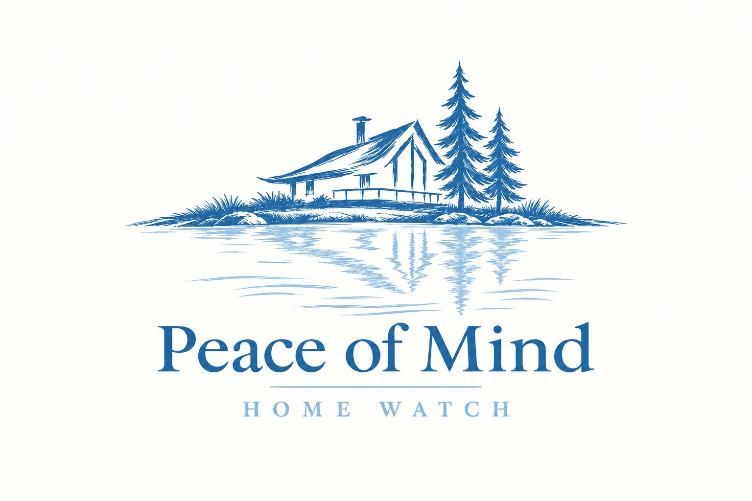 Peace of Mind Home Watch client logo featuring a lakeside home and evergreen trees