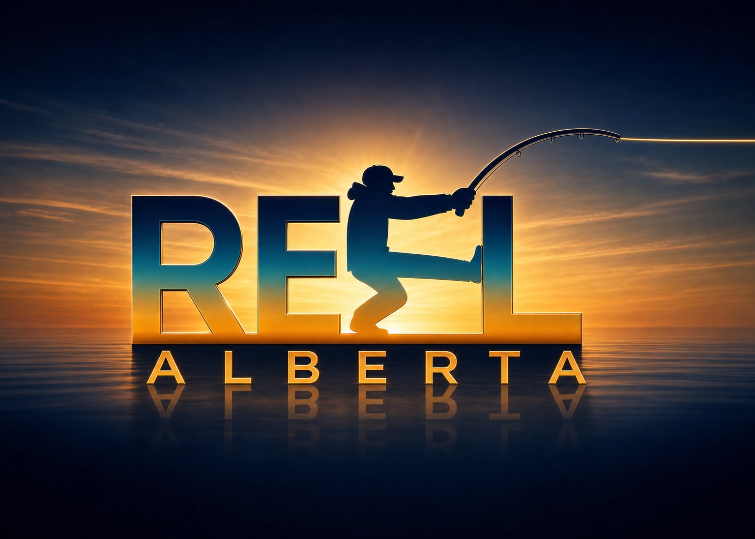 Reel Alberta promotional logo over an Alberta sunset, with gold letters and a fisherman silhouette
