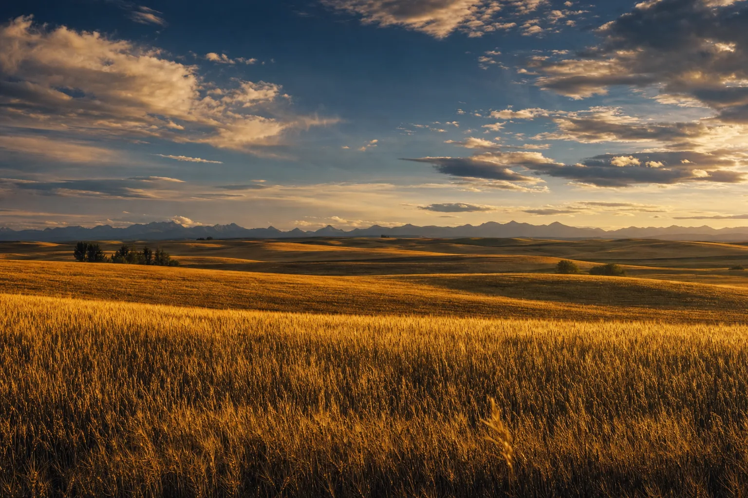 Golden Alberta prairie wheat fields at sunset with the Rocky Mountain foothills on the horizon